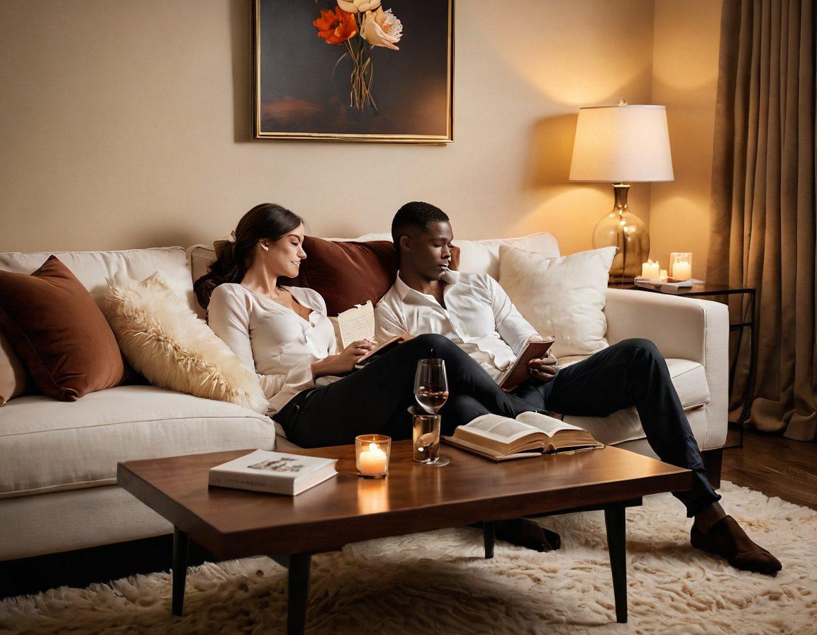 A cozy, inviting setting representing intimacy, featuring a softly lit room with plush pillows, subtle colors, and a stylish décor. Include elements like a glass of wine, a book on relationships, and delicate candles to evoke warmth and connection. Add silhouettes of a couple sharing a tender moment in the background to embody the theme of intimacy in the adult lifestyle. soft focus. warm tones. elegant atmosphere.
