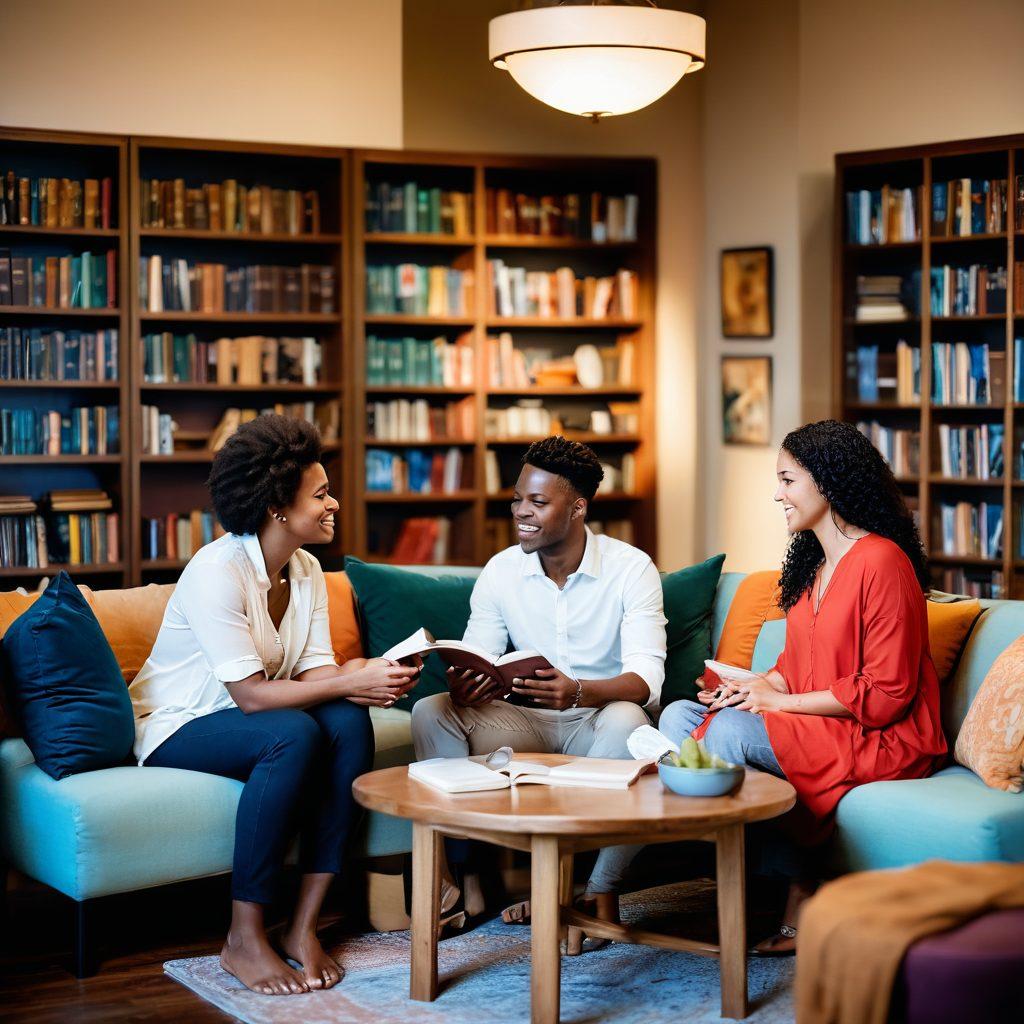 A serene and inviting setting featuring diverse couples engaging in intimate conversations, surrounded by soft lighting and decorative elements symbolizing connection and trust. Include imagery of books on sexual wellness and relationship dynamics in the background. Emphasize inclusivity with representation of various couples and an air of comfort and openness. vibrant colors. soft focus.