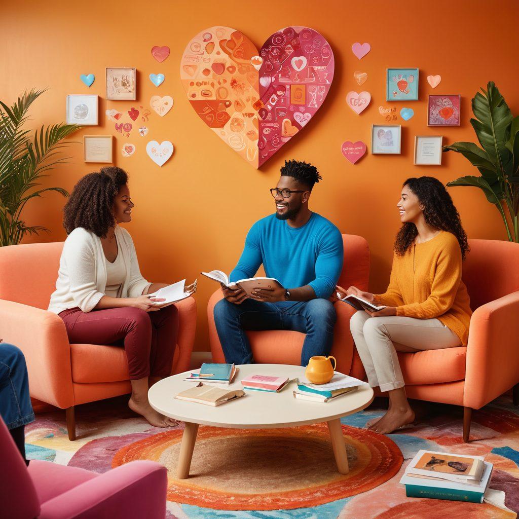 A diverse group of people engaging in a candid and open discussion about sexual health and wellness, surrounded by vibrant hearts and wellness symbols, with soft, inviting colors in the background to evoke a sense of empowerment and support. The setting is warm and inclusive, featuring cozy seating and a table with various relationship-focused books. super-realistic. warm colors. inviting atmosphere.